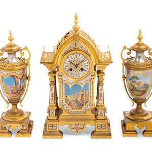 Appraisal: A French Gilt Bronze and Painted Porcelain Clock Garniture th