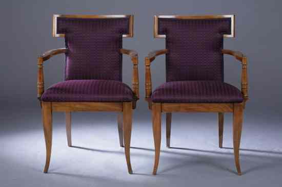 Appraisal: PAIR REGENCY STYLE FRUITWOOD FAUTEUILS T-form backs shaped square tapering