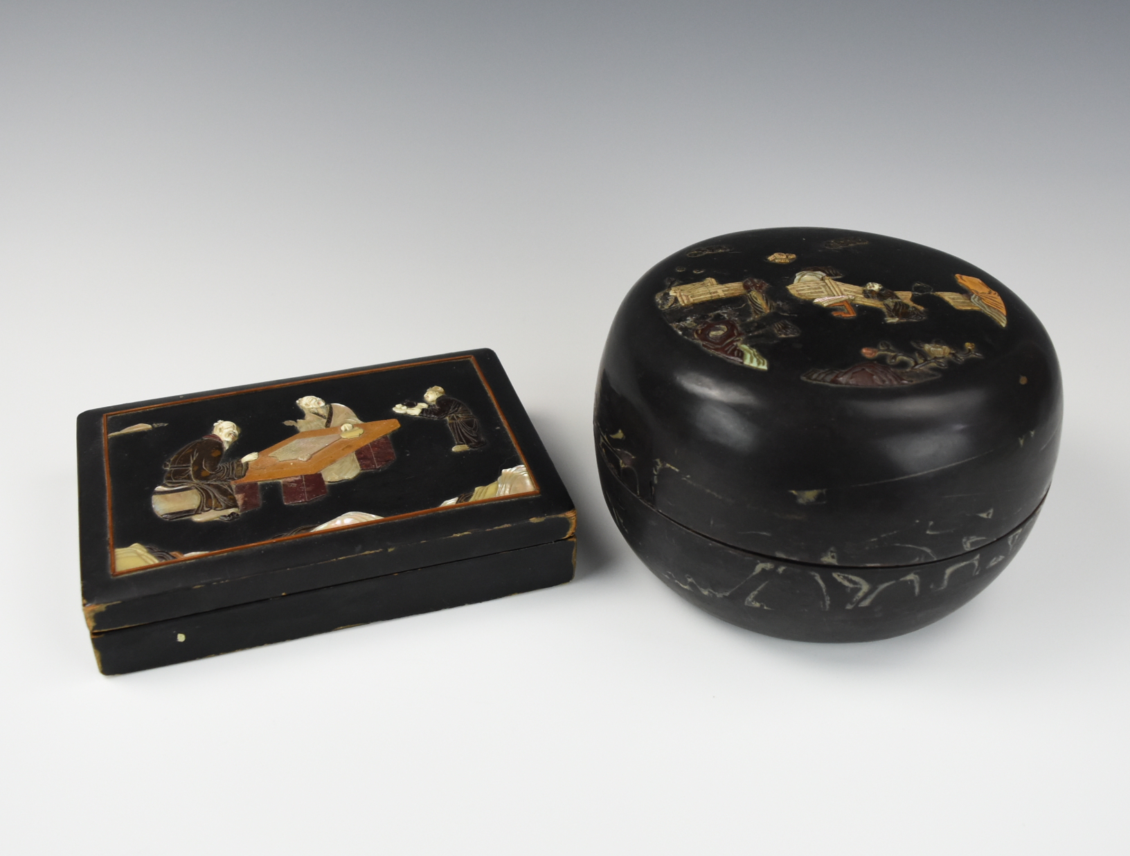 Appraisal: TWO CHINESE MOP INLAID LACQUER BOX COVER TH C Chinese