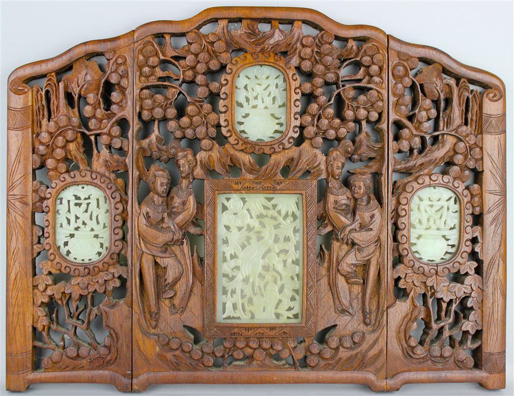 Appraisal: SMALL THREE PANEL CARVED WOOD TABLETOP SCREEN WITH CARVED JADE