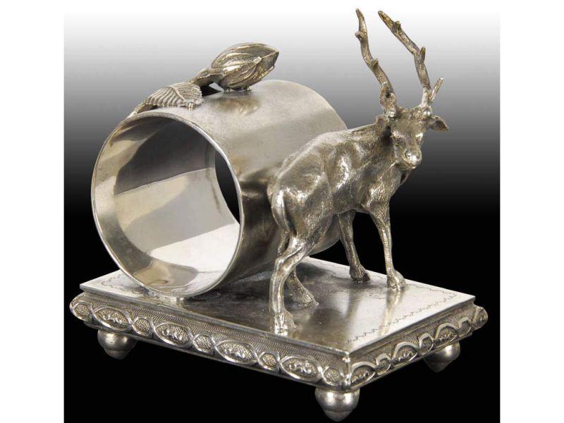 Appraisal: Stag Flower Bud Figural Napkin Ring Description Rectangular ball-footed base