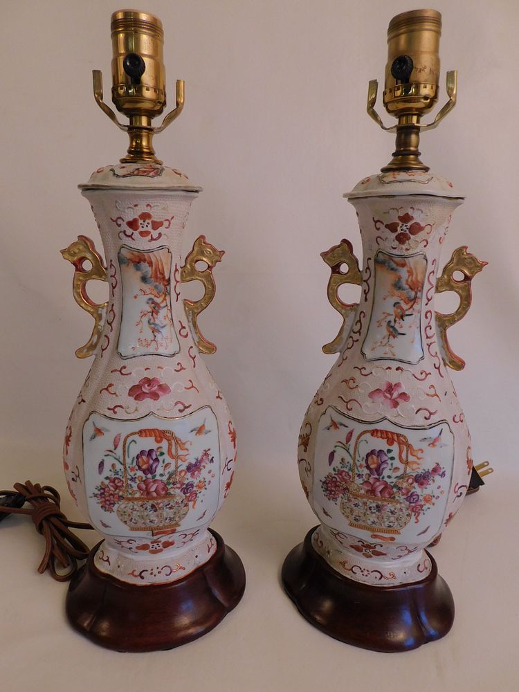 Appraisal: PAIR CHINESE FAMILLE ROSE VASES LAMPS Pair of th century