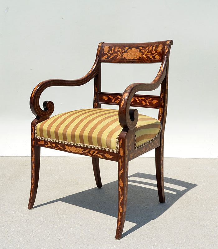 Appraisal: DUTCH FLORAL MARQUETRY INLAID ARM CHAIR Shaped back and arms