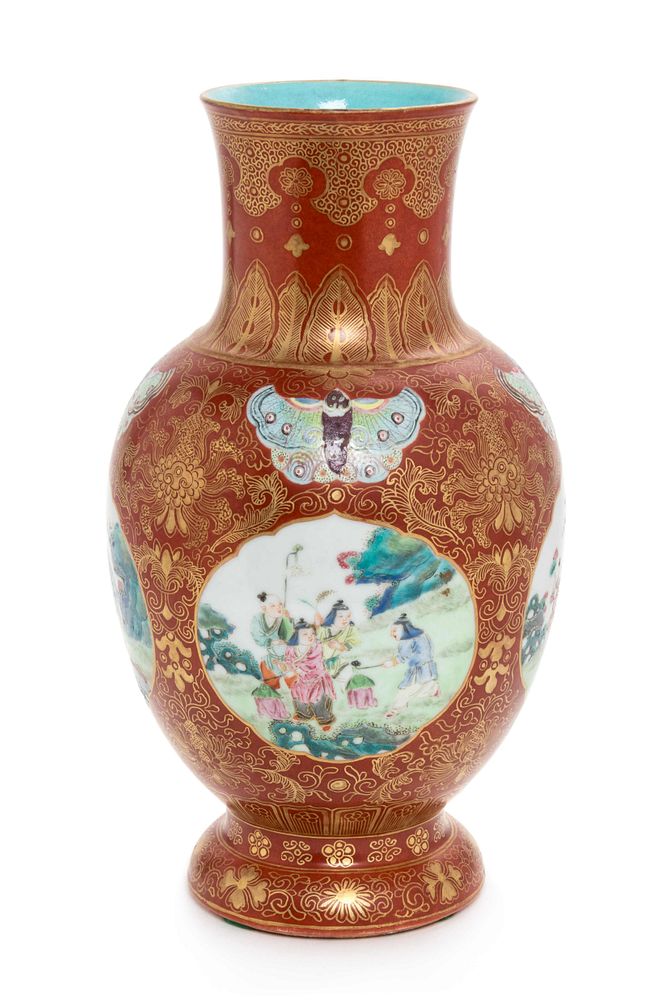 Appraisal: A Gilt Decorated Coral Red Ground Famille Rose Porcelain Vase