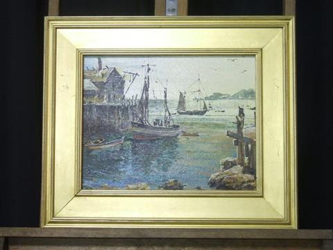 Appraisal: TH CENTURY AMERICAN GLOUCESTER HARBOR SCENE Oil on canvas laid