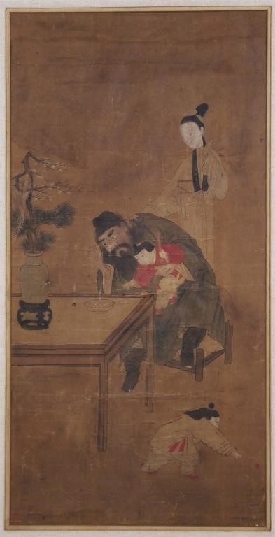 Appraisal: Antique Chinese scroll painting showing a man holding and feeding