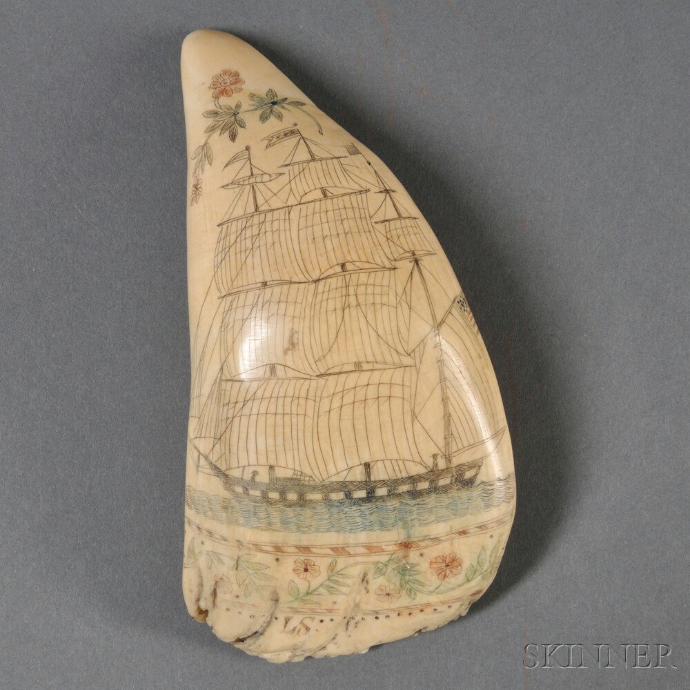 Appraisal: Scrimshaw Whale's Tooth with Engraved Ship depicting a ship of