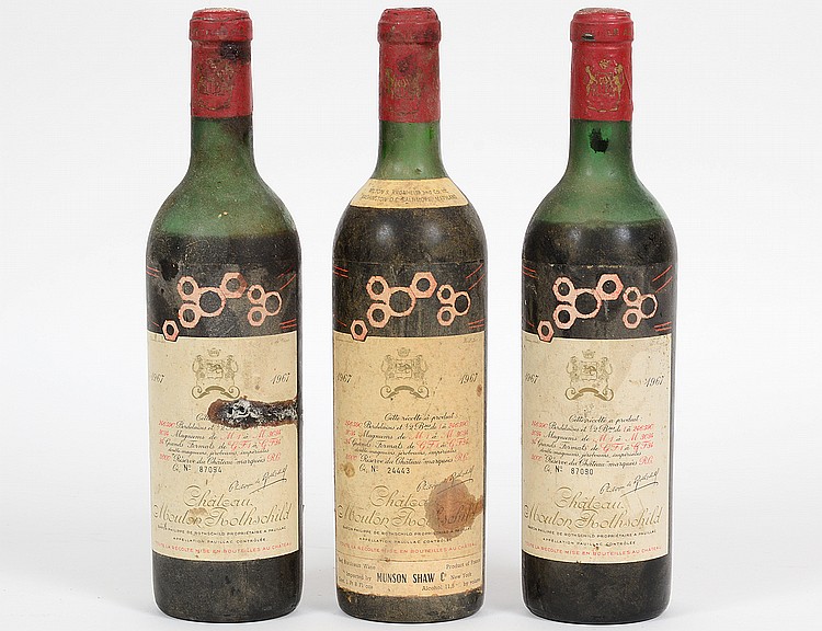 Appraisal: THREE FRENCH CHATEAU MOUTON ROTHSCHILD RED WINE BOTTLESProvenance Estate of