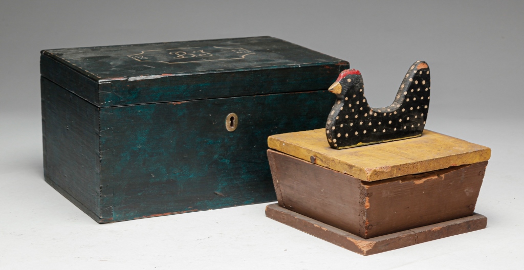 Appraisal: TWO AMERICAN BOXES Nineteenth and th centuries Folksy pine decorated