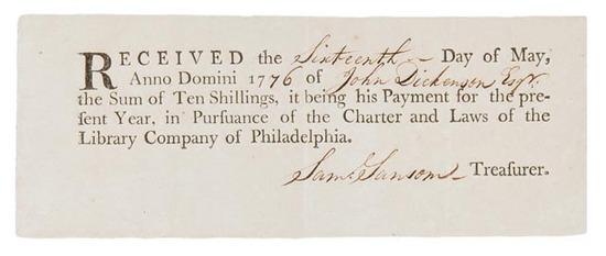 Appraisal: LIBRARY COMPANY OF PHILADELPHIA Partly-printed receipt for John Dickinson s