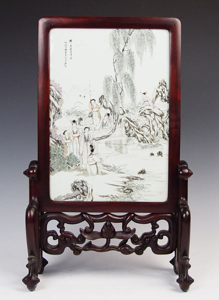 Appraisal: CHINESE PORCELAIN TABLE SCREEN Painted porcelain panel rests in an