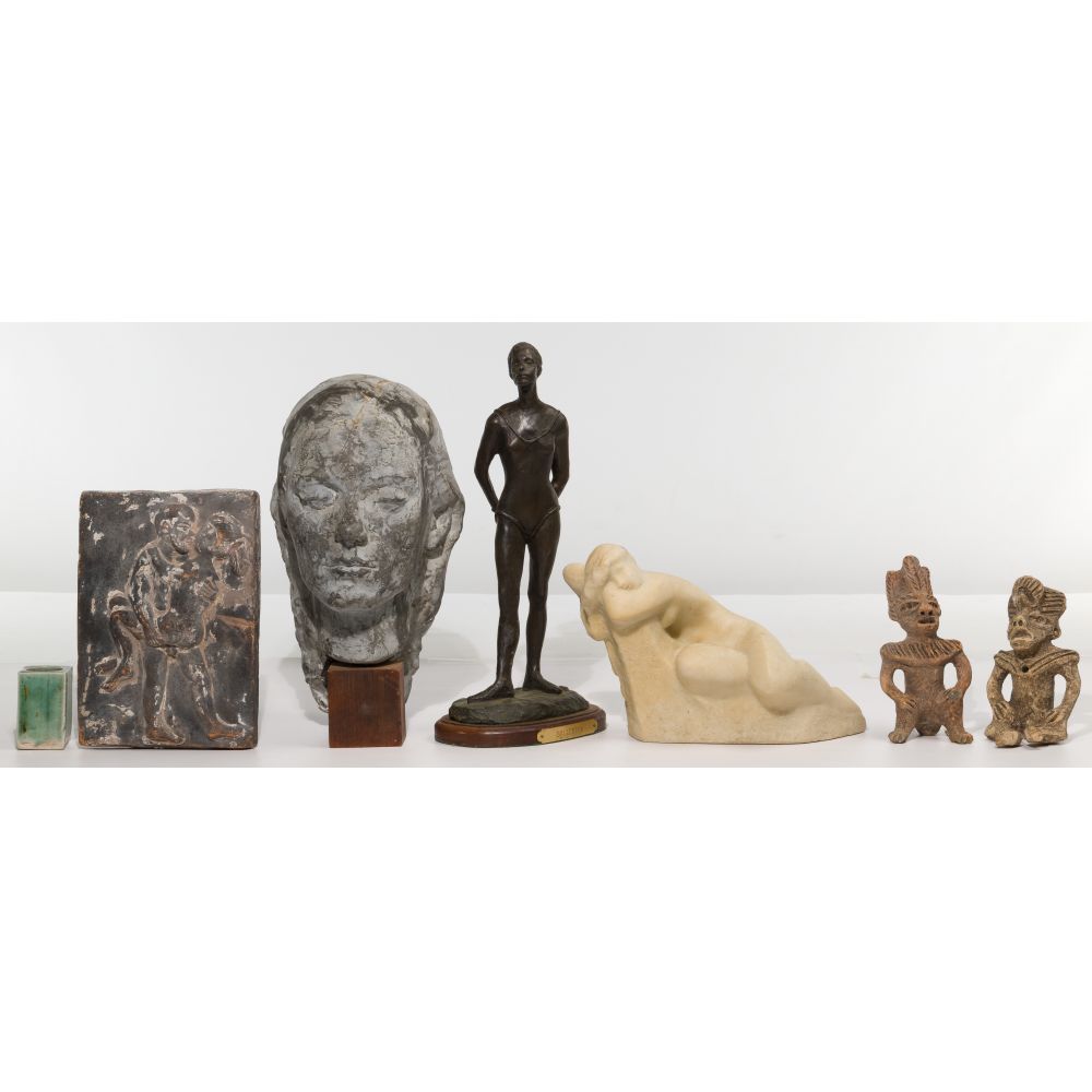 Appraisal: ETHNOGRAPHIC POTTERY AND METAL ASSORTMENT items including a female head