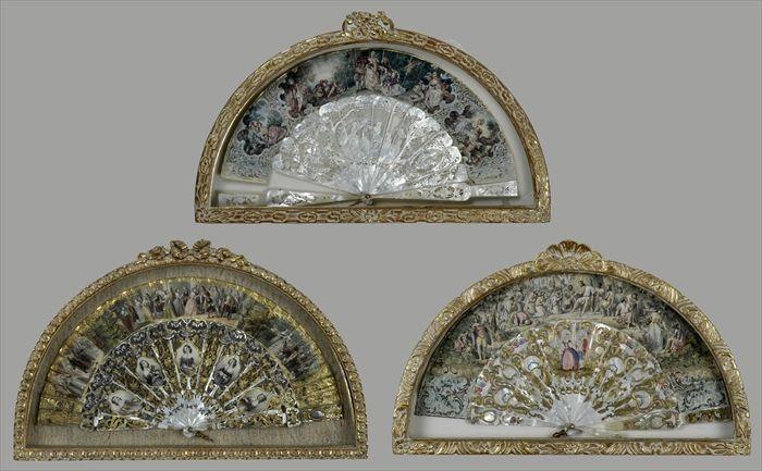 Appraisal: French Hand-Painted Fan and Two Lithographic Fans with Mother-of-Pearl Sticks