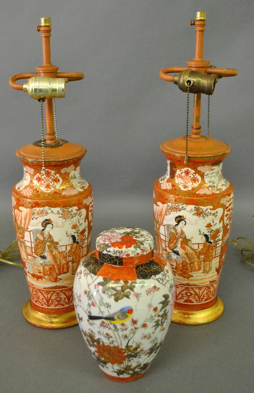 Appraisal: - Pair of Satsuma porcelain table lamps h overall and