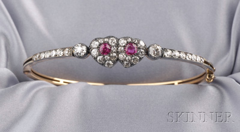 Appraisal: Antique Diamond Sweetheart Bangle the hearts with one synthetic and