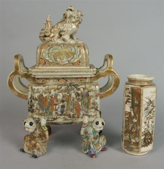 Appraisal: SATSUMA COVERED VESSEL AND A SATSUMA HEXAGONAL VASE covered vessel