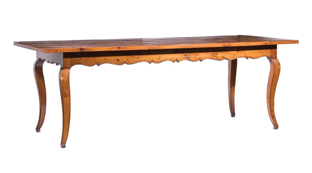 Appraisal: Antique French Provincial Fruitwood Harvest Table herringbone parquetry top spurred