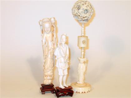 Appraisal: Two Chinese elephant ivory figures and games ball on stand