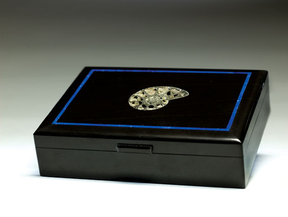 Appraisal: FOSSIL AMMONITE LAPIS INLAY BOX Madagascar Afghanistan Handcrafted in Italy