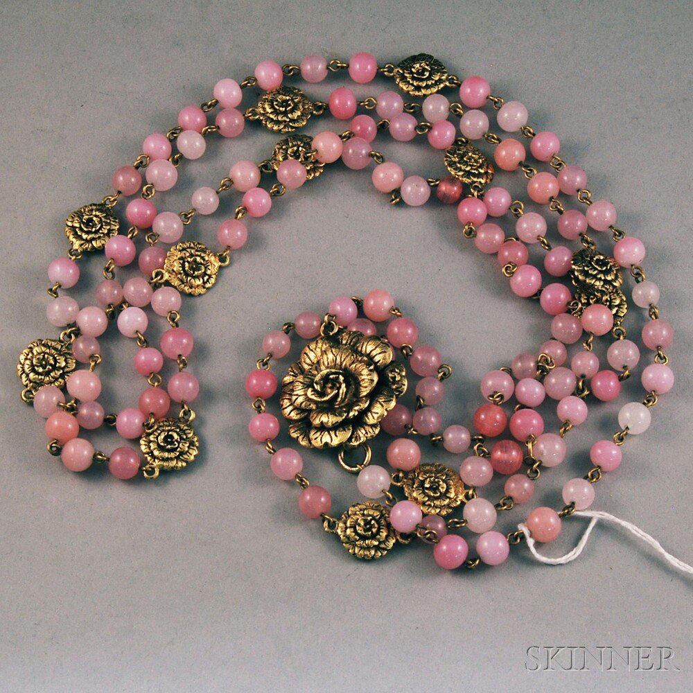 Appraisal: Chanel Rose-tone Glass-beaded Necklace with Gold-tone Rosettes Estimate - The