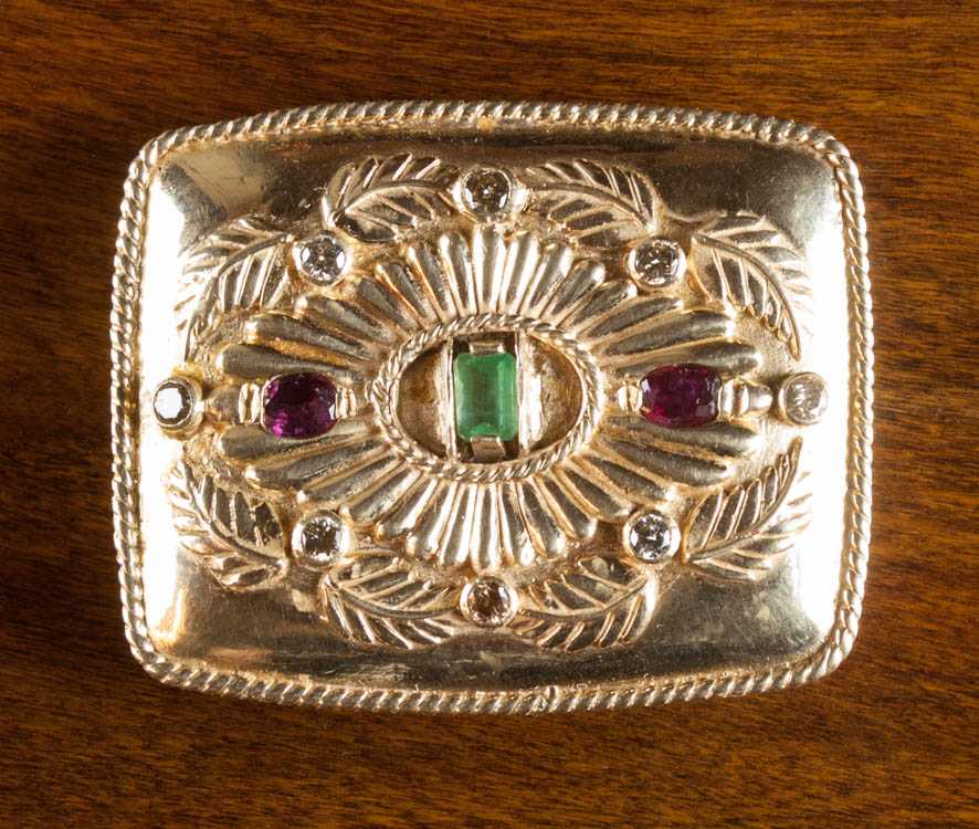 Appraisal: FOURTEEN KARAT GOLD EMERALD RUBY AND DIAMOND BELT BUCKLE WITH