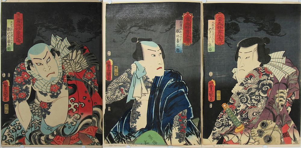 Appraisal: KUNISADA Utagawa A Contemporary Suikoden Japanese woodblock print triptych Actors