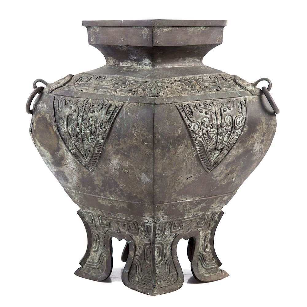 Appraisal: Chinese Archaic Style Bronze Vessel Rhomboid form with geometric raised