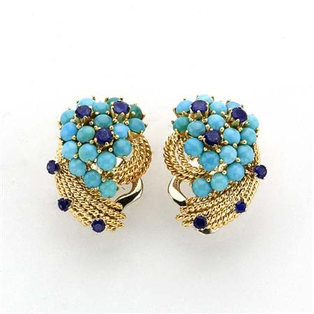 Appraisal: Pair of Gold Cabochon Turquoise and Sapphire Earclips Estimate -