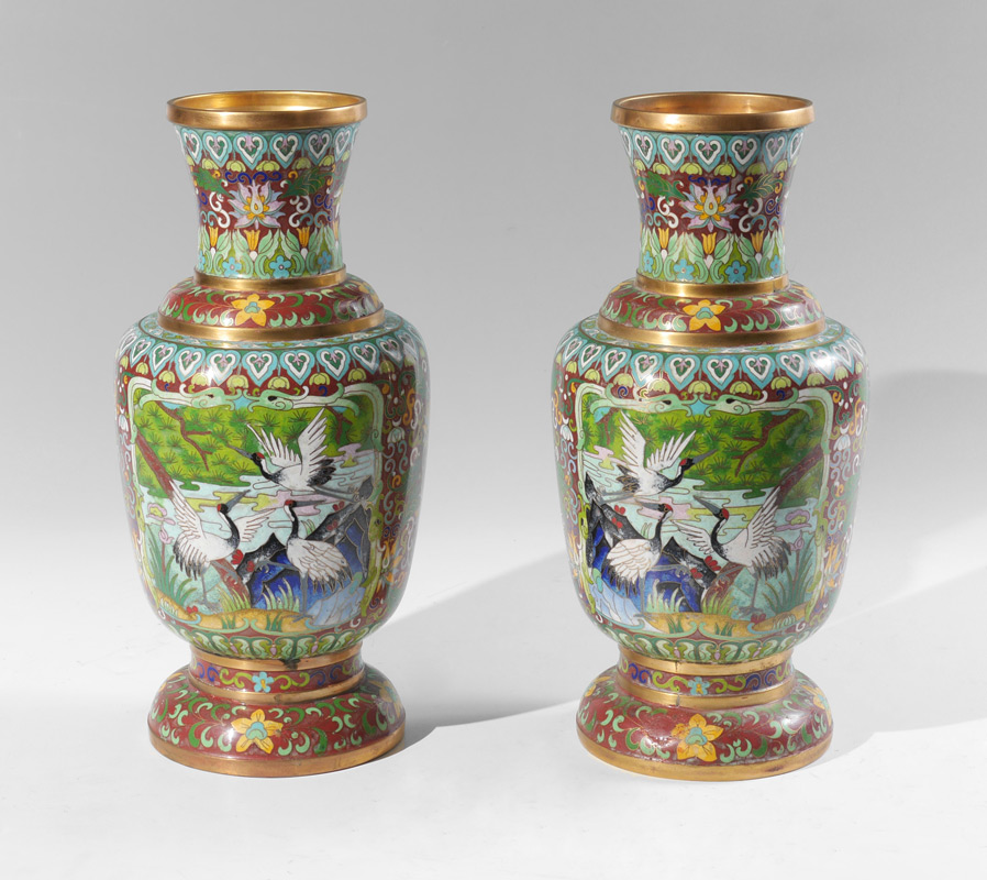 Appraisal: PAIR CHINESE CLOISONNE CRANE MOTIF JARS Baluster form ox blood