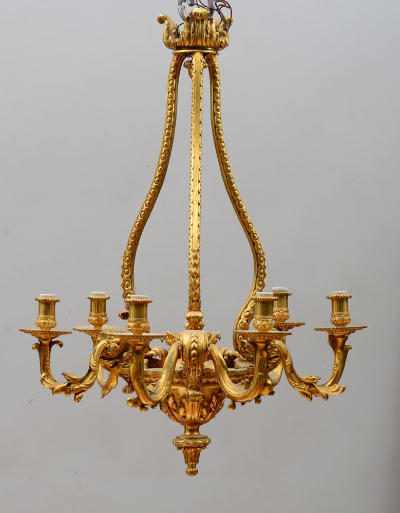 Appraisal: LOUIS XV STYLE GILT-BRONZE SIX-LIGHT CHANDELIER With an acanthus cast