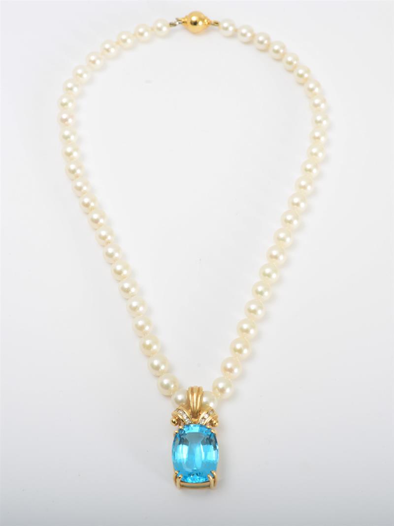 Appraisal: K GOLD BLUE TOPAZ CULTURED PEARL AND DIAMOND NECKLACE Composed