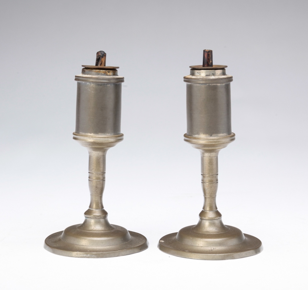 Appraisal: PAIR OF AMERICAN PEWTER OIL LAMPS First quarter th century