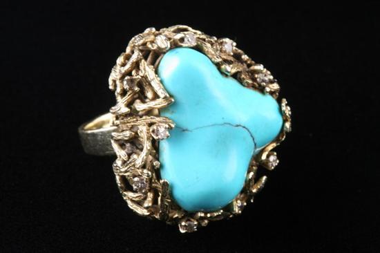 Appraisal: K YELLOW GOLD TURQUOISE AND DIAMOND RING Nugget style turquoise