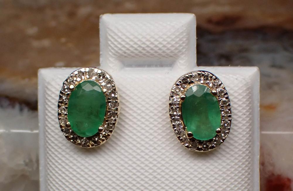 Appraisal: PAIR OF EMERALD AND DIAMOND EAR STUDS each yellow and