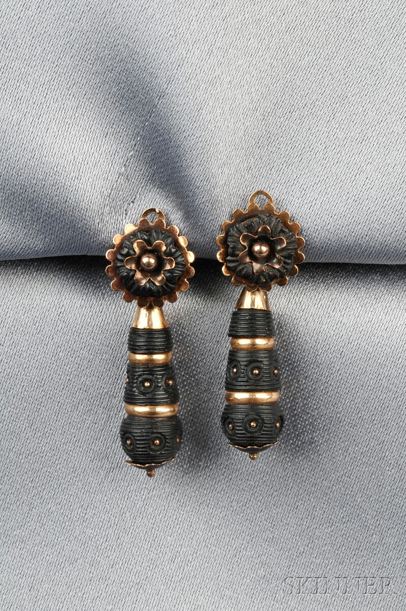 Appraisal: Antique Gold and Bog Oak Day Night Earpendants each floral