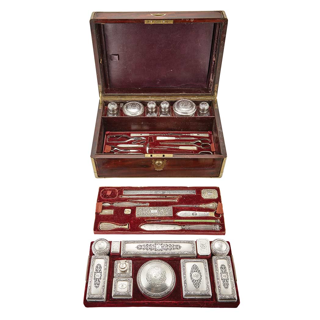 Appraisal: French Silver and Parcel Gilt Traveling Dresser Set Paris circa