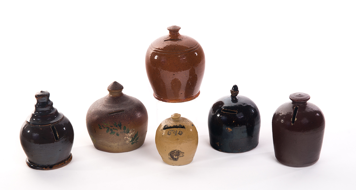 Appraisal: SIX BULBOUS SHAPED STONEWARE BANKS American ca Various glazes and