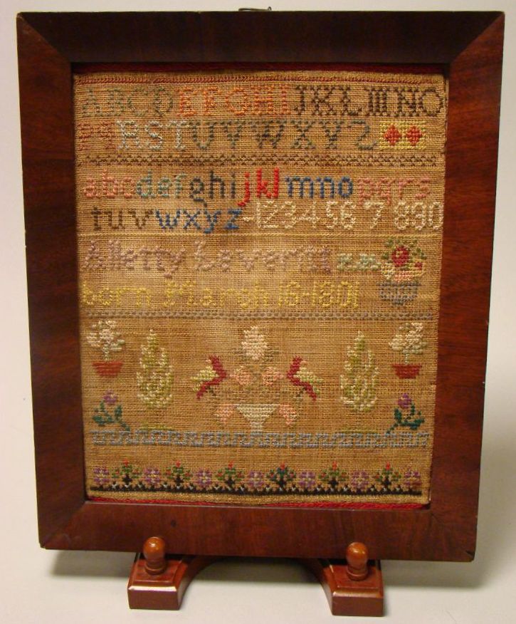 Appraisal: FRAMED NEEDLEWORK SAMPLER Early th CenturyWrought by Alletty Leveritt born