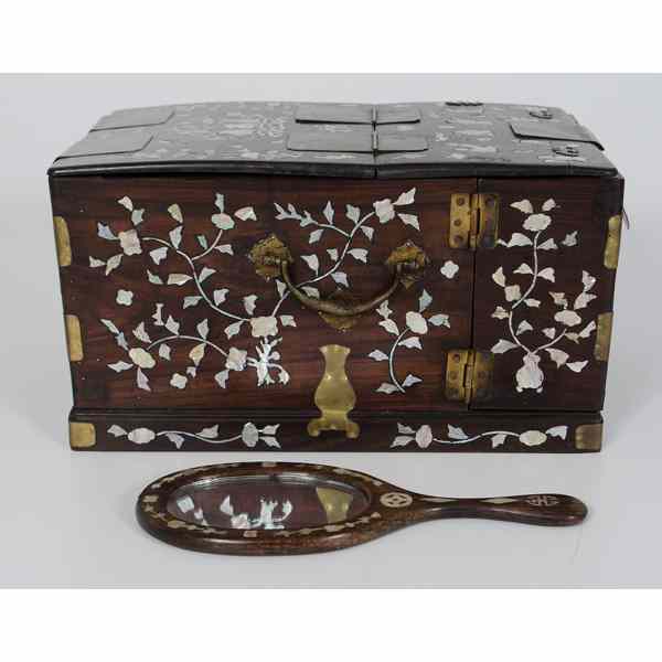 Appraisal: Chinese Mother-of-Pearl Inlaid Wood Jewelry Box and Hand Mirror Chinese