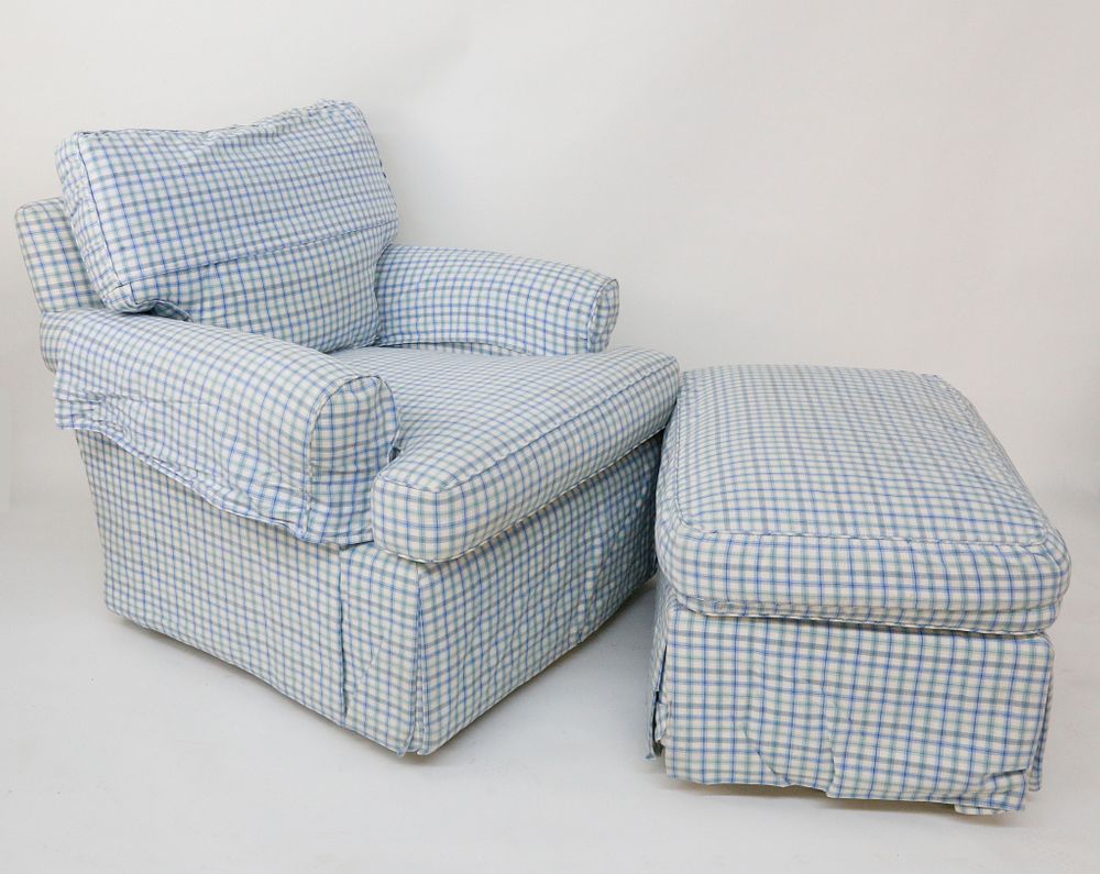 Appraisal: Large Blue and White Overstuffed Checkered Upholstered Armchair and Ottoman