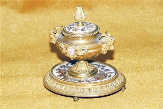 Appraisal: BRONZE INKWELL With ivory and exotic wood inlay Signed Meom