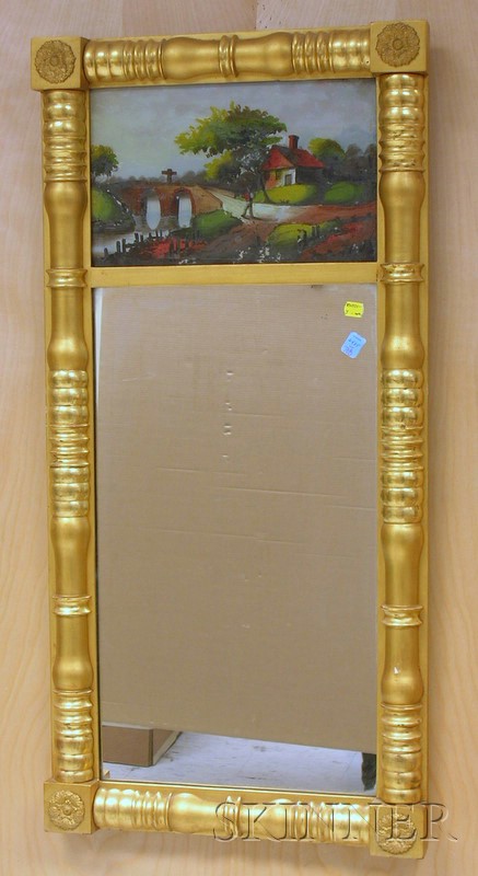 Appraisal: Giltwood Split-baluster Mirror with Reverse-painted Glass Tablet Depicting a Cottage