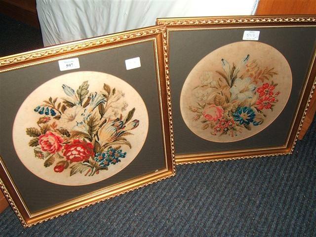 Appraisal: Two Victorian circular needlework pictures of flowers each diameter