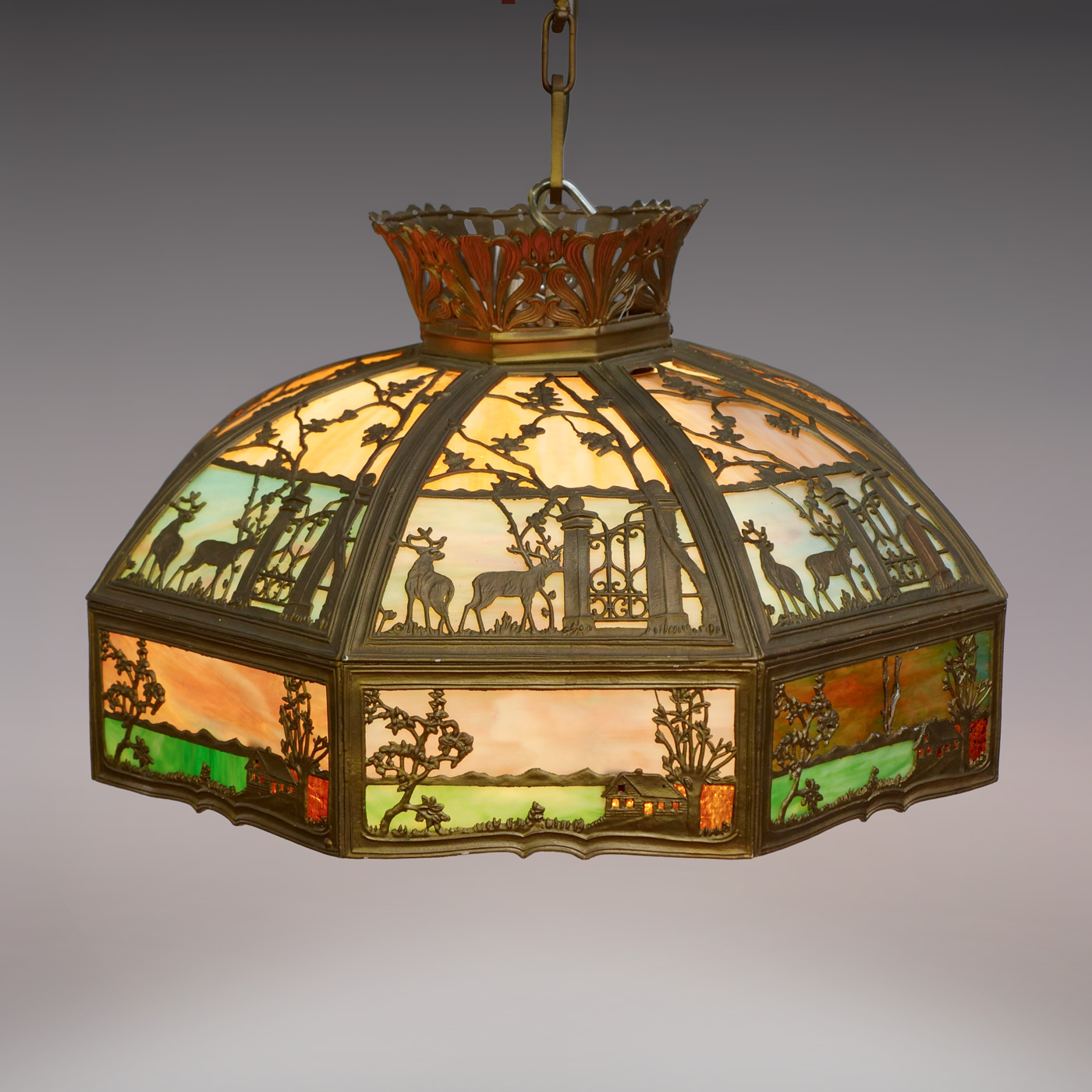 Appraisal: STAINED GLASS FIGURAL FILAGREE CHANDELIER - light slag glass chandelier