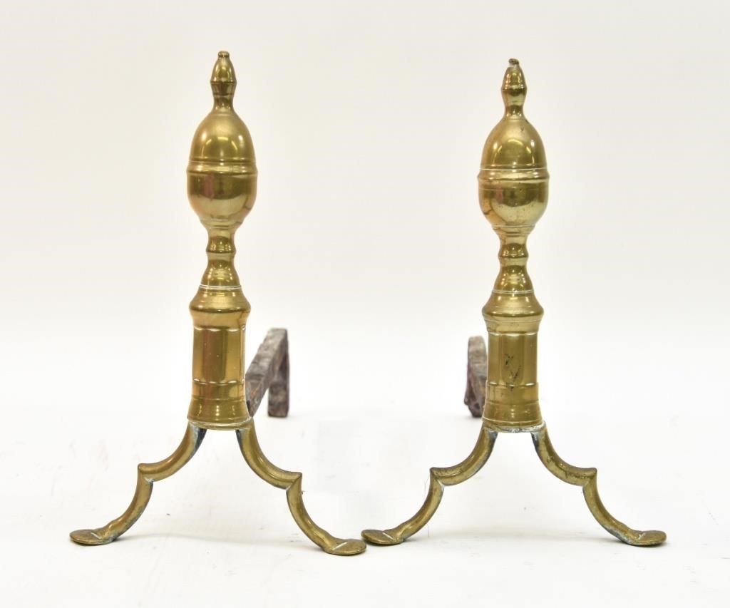 Appraisal: Pair of brass lemon top andirons circa with penny feet