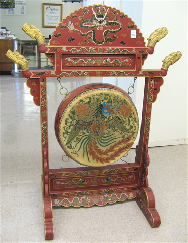 Appraisal: IMPERIAL CHINESE CEREMONIAL DRUM AND FLOOR STAND the round two-sided