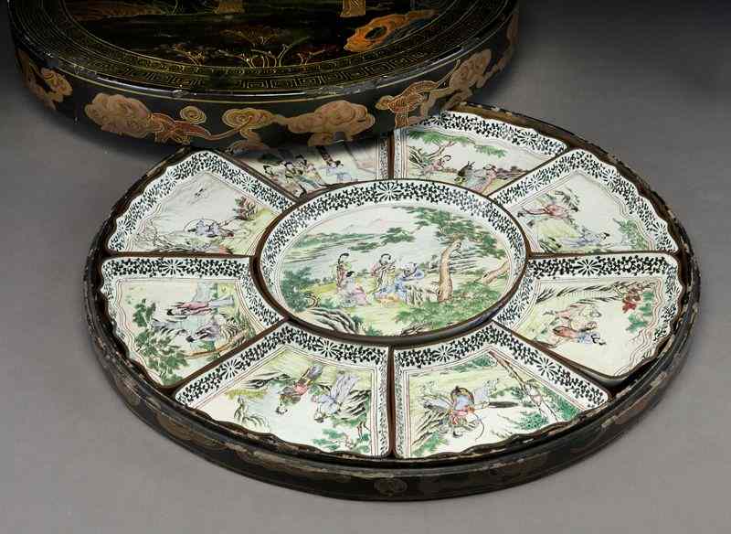 Appraisal: Canton enamel dishes depicting figures in landscape set in a