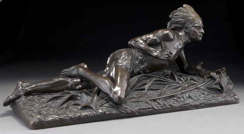 Appraisal: Edouard Drouot bronze sculpture of an Indianon the lookout Signed