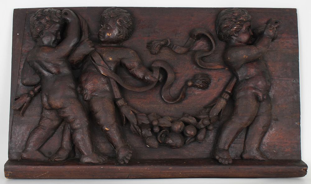 Appraisal: Antique European Cherubic Carved Wooden Relief Antique European Cherubic Carved