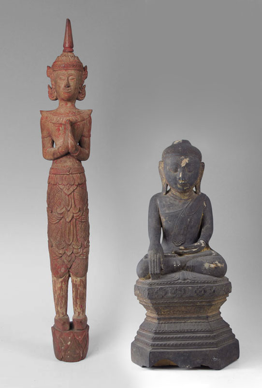 Appraisal: CARVED THAI BUDDHA FIGURES '' tall wood figure remnants of